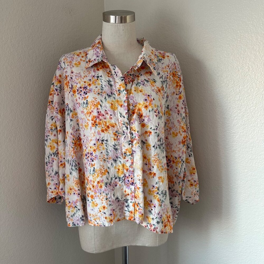 H&M Linen Button Up Crop Shirt Slouchy Sleeve Multicolor Floral Print Lightweigh
